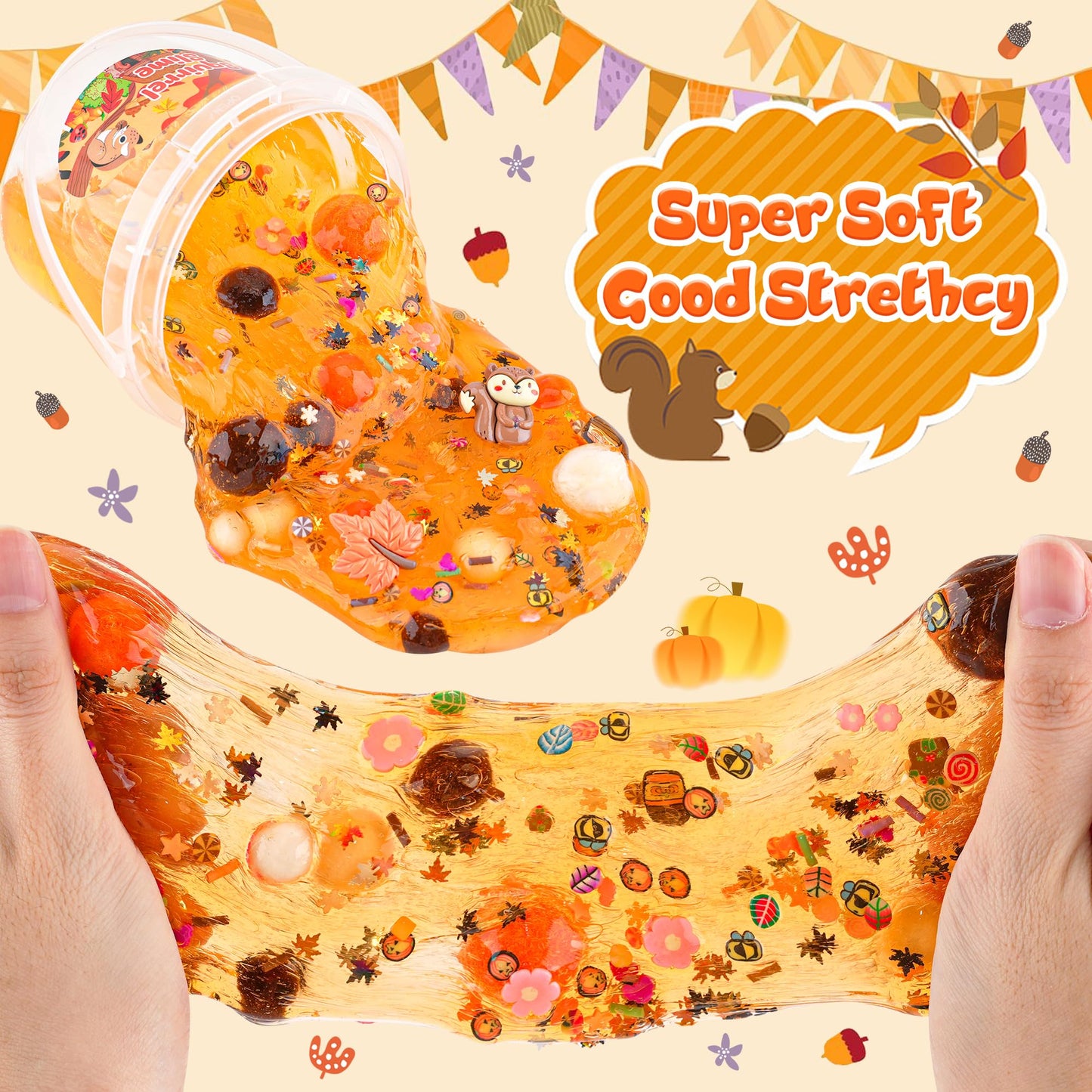Squirrel Orange Slime Kit, Clear Slime Bucket With Slime Clay, 10 Packs Of Slime Add-Ins, Slime Party Favors For Kids, Sensory T