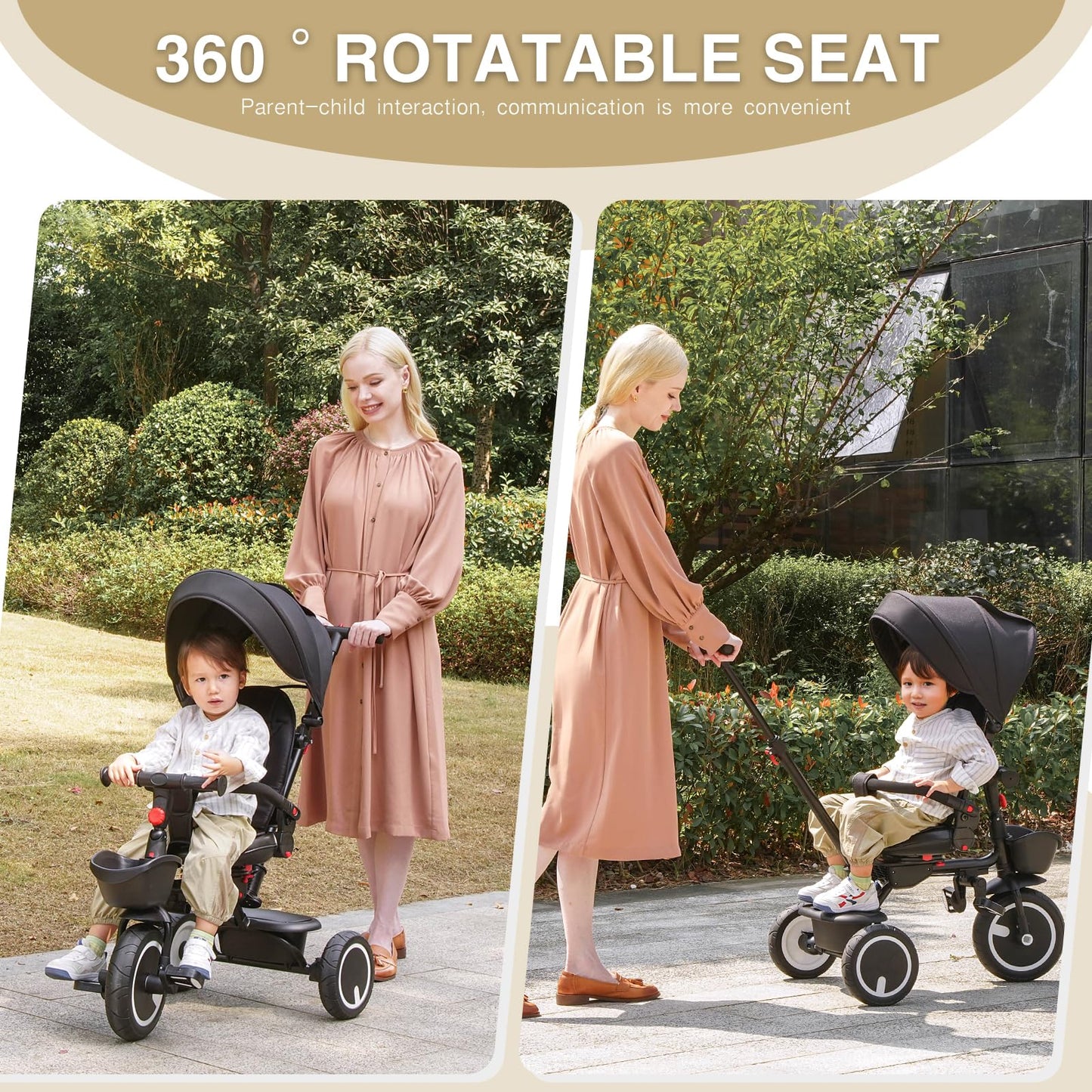 Baby Tricycle, 6-in-1 Folding Kids Trike with Removable Push Handle, Rotatable Seat, Adjustable Canopy, Storage Box, Safety Harn