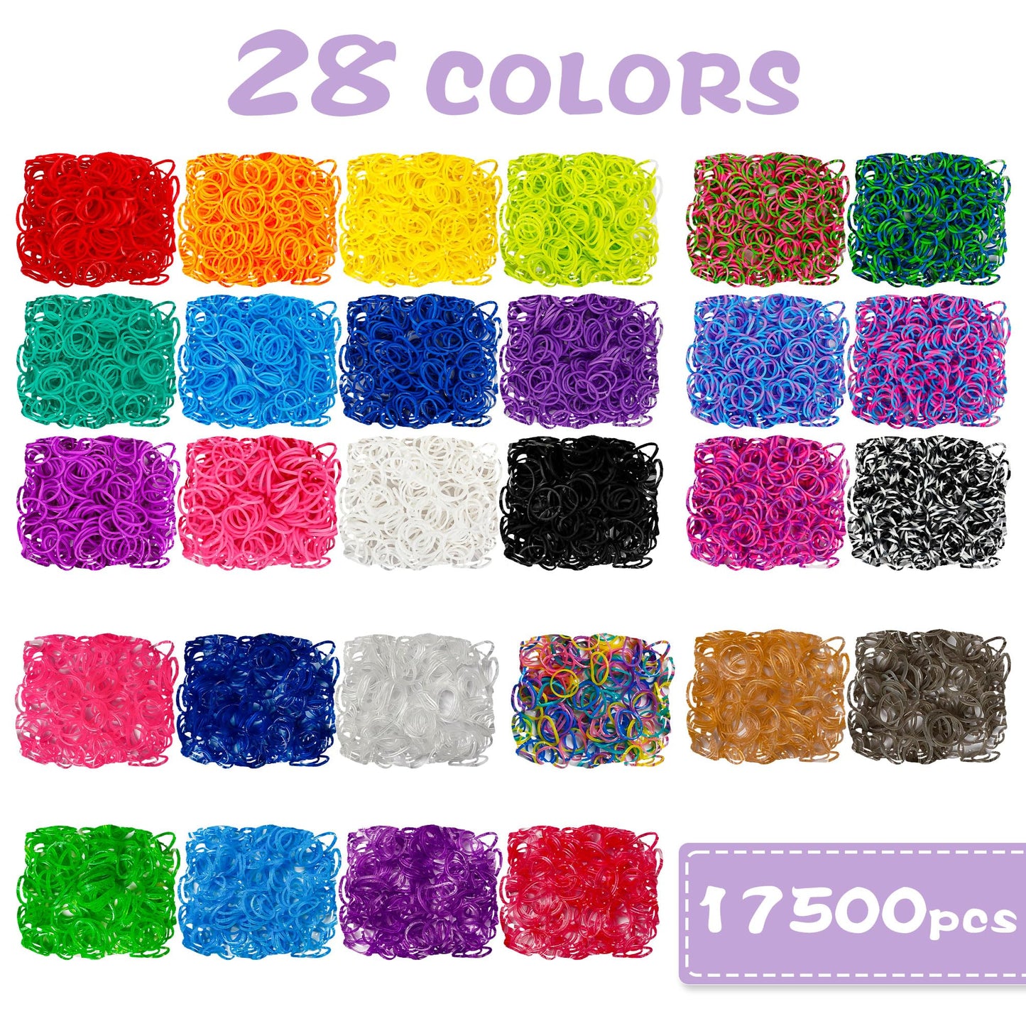 Inscraft 17500+ Rubber Loom Bands With 3 Layer Light Purple Container, 28 Colors, 600 S-Clips, 352 Beads, 40 Cartoon Pendant, Bracelet Making Refill Kit For Kids