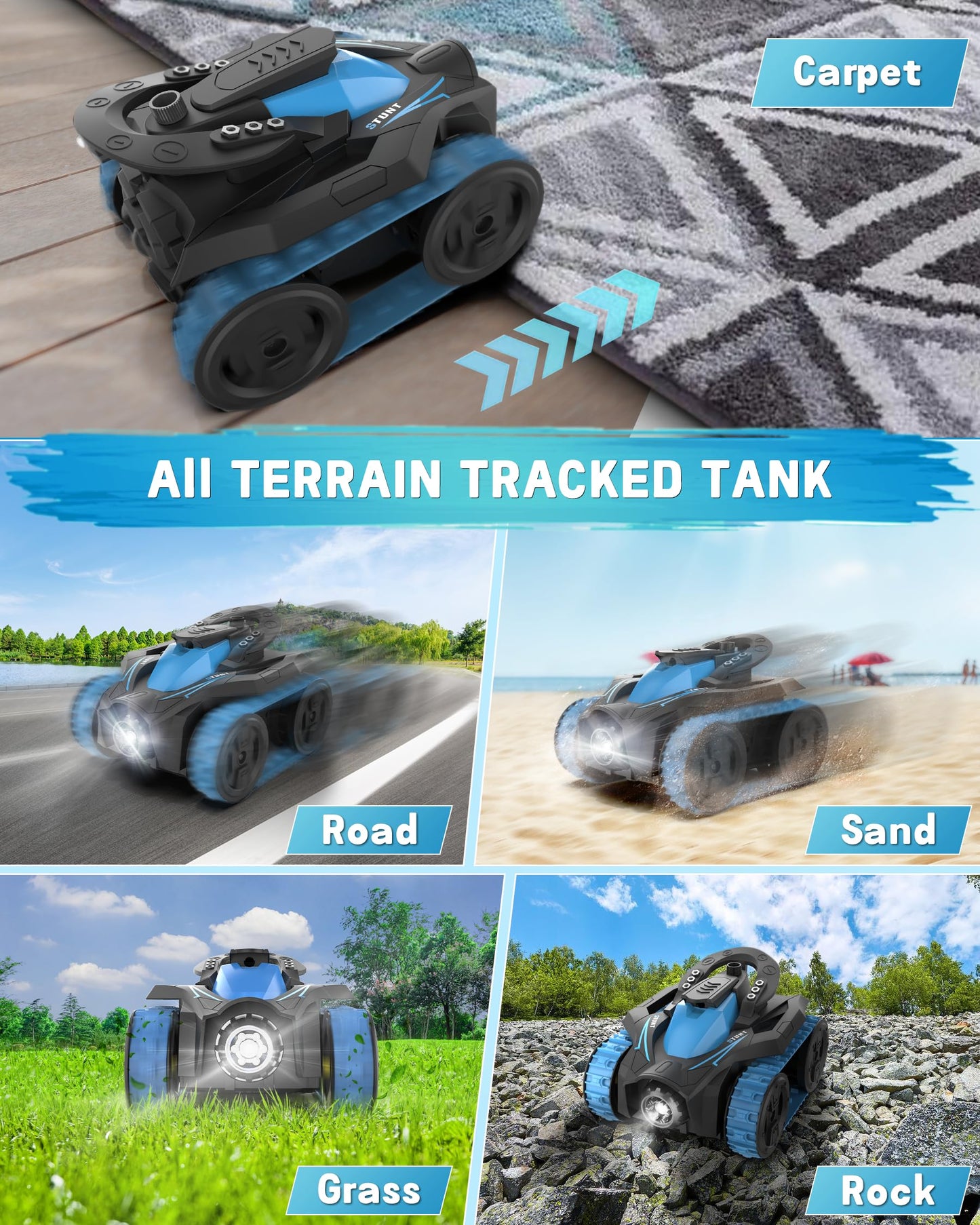 Eulogia RC Tracked Car, Remote Control Stunt Car, 360-degree Upright Rotating, RC Crawler Driving with LED Lights, 4WD All Terra
