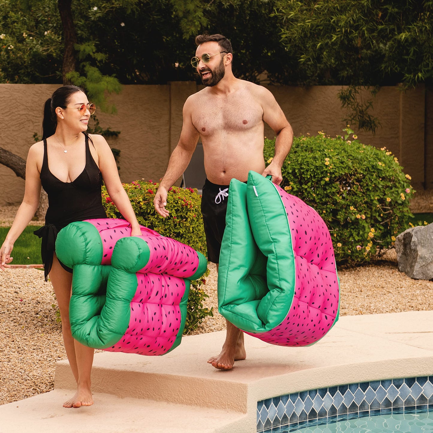 Big Joe Kona No Inflation Needed Pool Lounger With Headrest, Summer Melon Double Sided Mesh, Quick Draining Fabric, 5.5 Feet Big