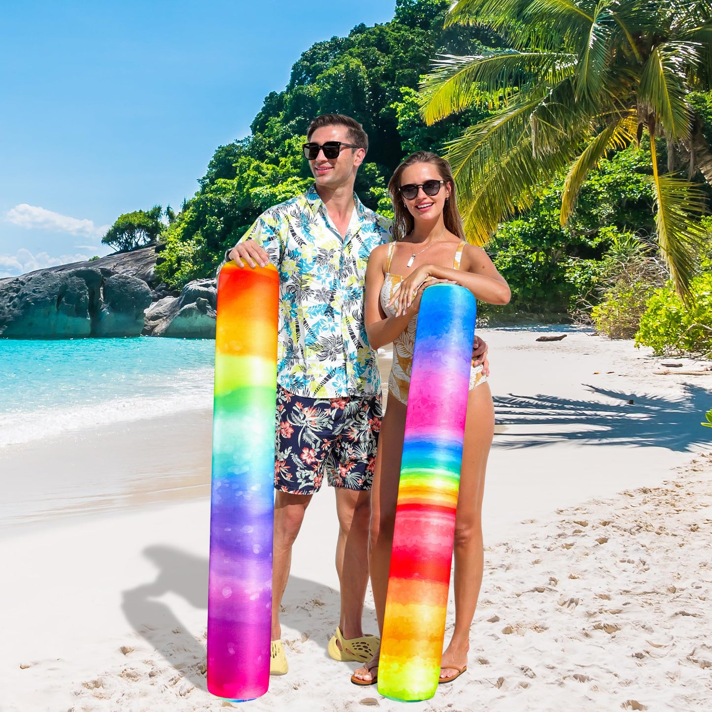 FindUWill Inflatable Swim Pool Noodles 2 Pack Soft Fabric Covered Large Swim Noodles for Floating Pool Floats mature-themed for Pool Lake Beach (Rainbow & Colorful)