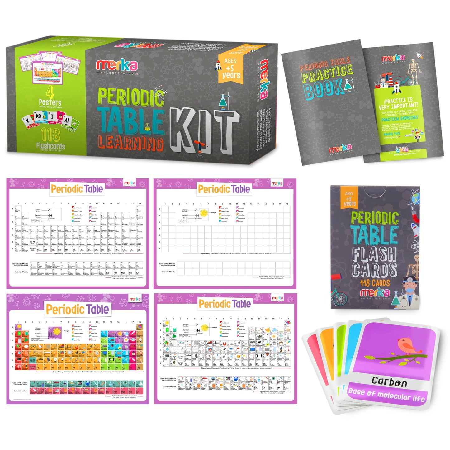 Merka Periodic Table For Kids Table Periodic Table Gifts Learning And Educational Toys Chemistry And Science Education Set With 4 Posters 118 Flashcards And Practice Book With Exercises And Puzzles