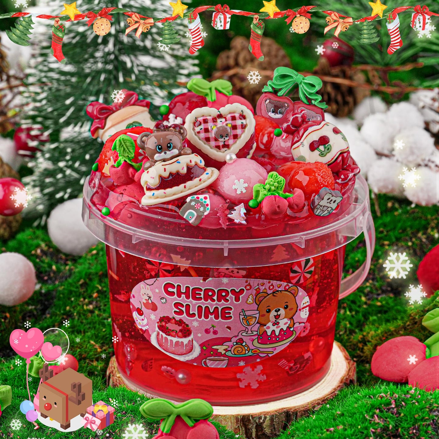 Cherry Red Christmas Slime Kit, Clear Slime Bucket With Slime Clay, 10 Packs Of Add-Ins, Slime Party Favors For Kids, Birthday E
