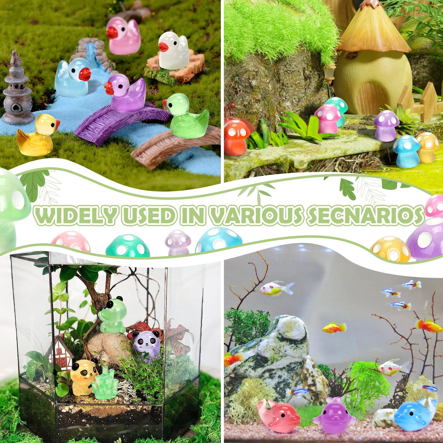 GOKUPOK Luminous Mini Resin Ducks Tiny Animals Glow in The Dark Duck Panda Dolphin Mushroom 4 Combination Sets for Garden Micro