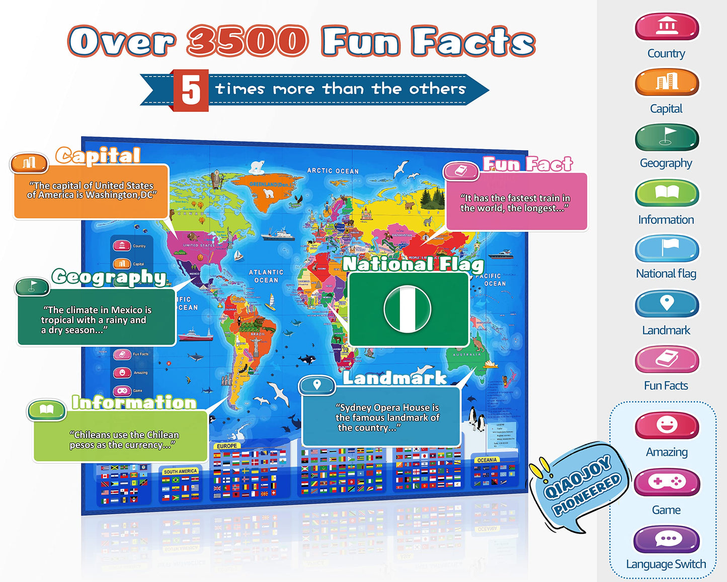 Qiaojoy Bilingual Interactive World Map For Kids Learning And Educational Toys, Talking Electronic Kids World Map I-Poster Geogr