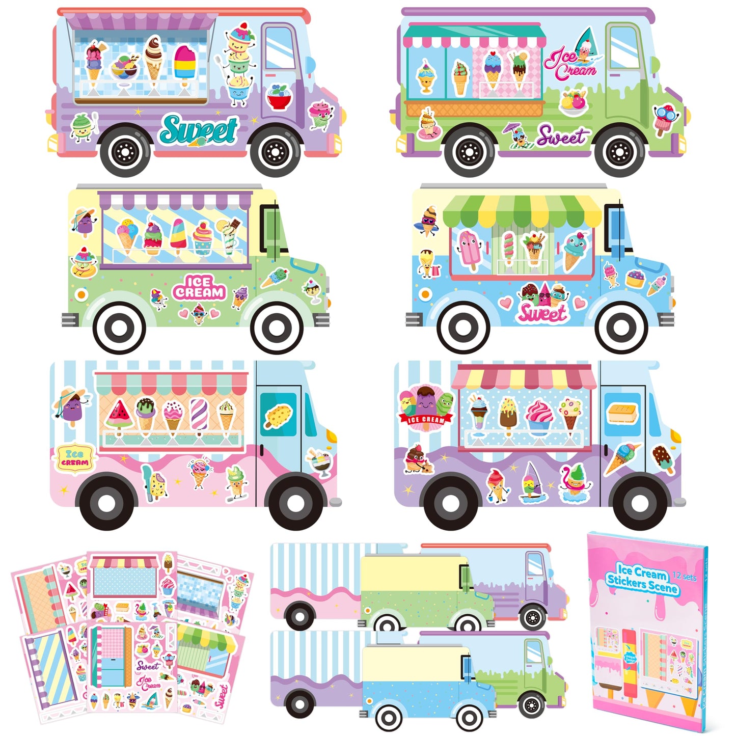 Cy2Side Ice Cream Stickers Scene - Make Your Own Ice Cream Cart Scene Sticker Art Craft Diy Dessert Truck Shop Stickers Scene With Mix Match Sweets Stickers For Kid Summer Party Games For Classroom