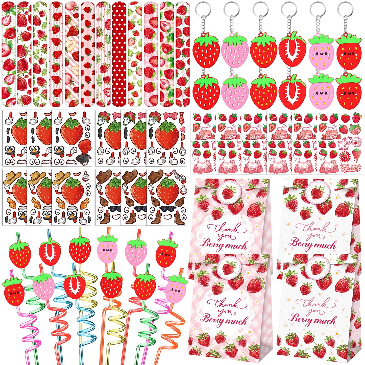 Strawberry Party Favor 72 PCS Sweet Berry Slap Bracelets DIY Stickers Temporary Tattoos Keychain Plastic Straws Gift Bags for Ki