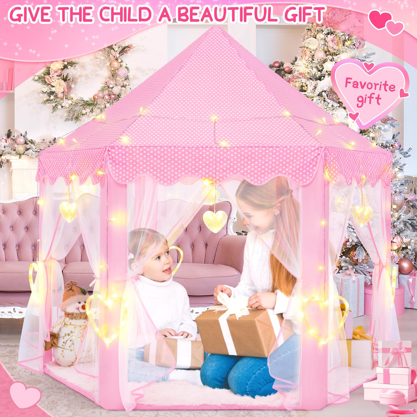 Evoionos Princess Tent For Girls, Kids Tent Indoor, Girls Tent With Large Love Lights, Pink Play Tent For Toddlers, Princess Cas