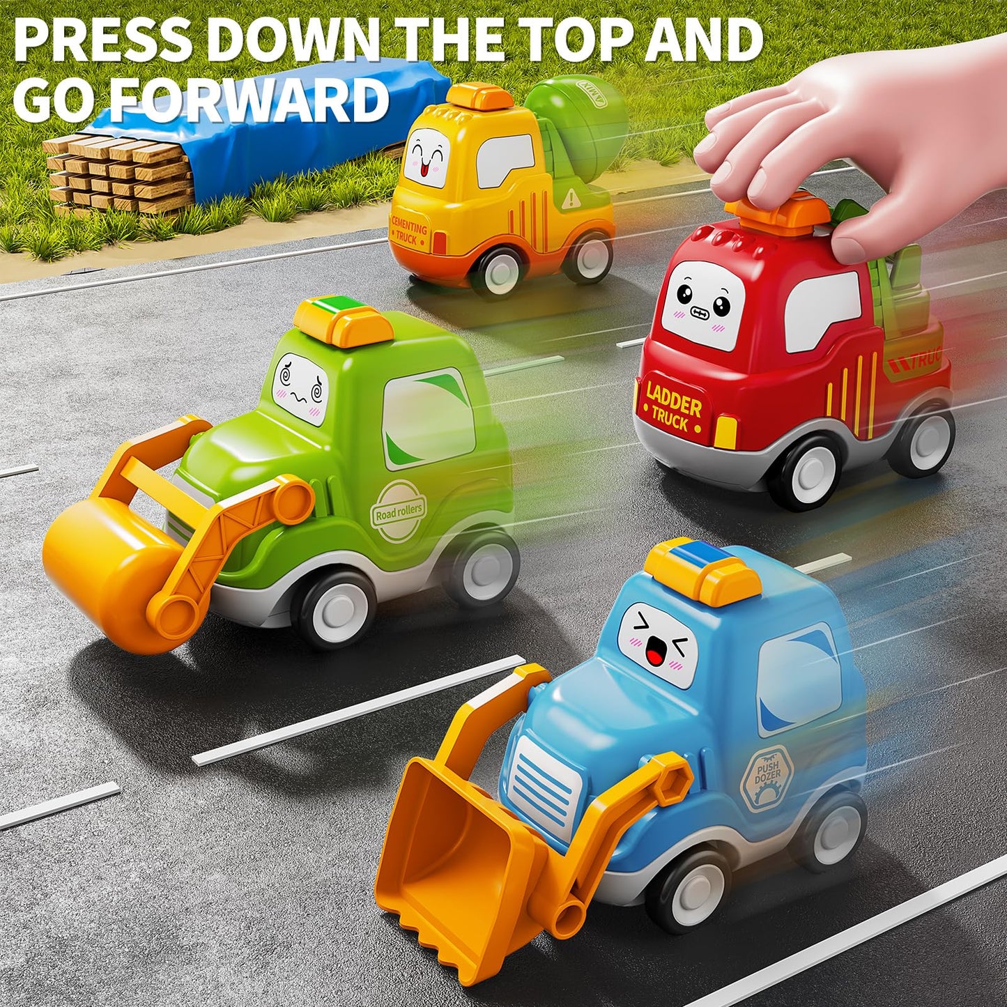 Jukudahu Press Engineering Car Toy For Tollders Age 1 2 3 4 5 6 Years Old - Toy Figure Car, Construction Cars Toys, Push And Go