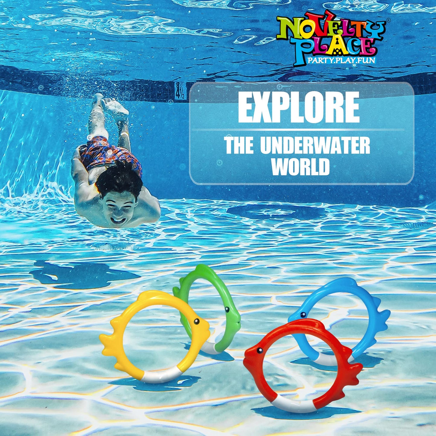 Novelty Place 4Pcs Diving Ring Set - Throw, Dive & Retrieve Toys, Underwater Swimming Pool Play Accessories - Fish Shape Dive Rings For Kids Adult And Family - Perfect For Swimming Training And Fun