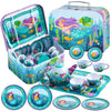 JOYIN Mermaid Tea Set for Toddlers Tea Party Set for Children Kids Pretend Role Play Tin Teapot Set with Cups, Plates and Carryi