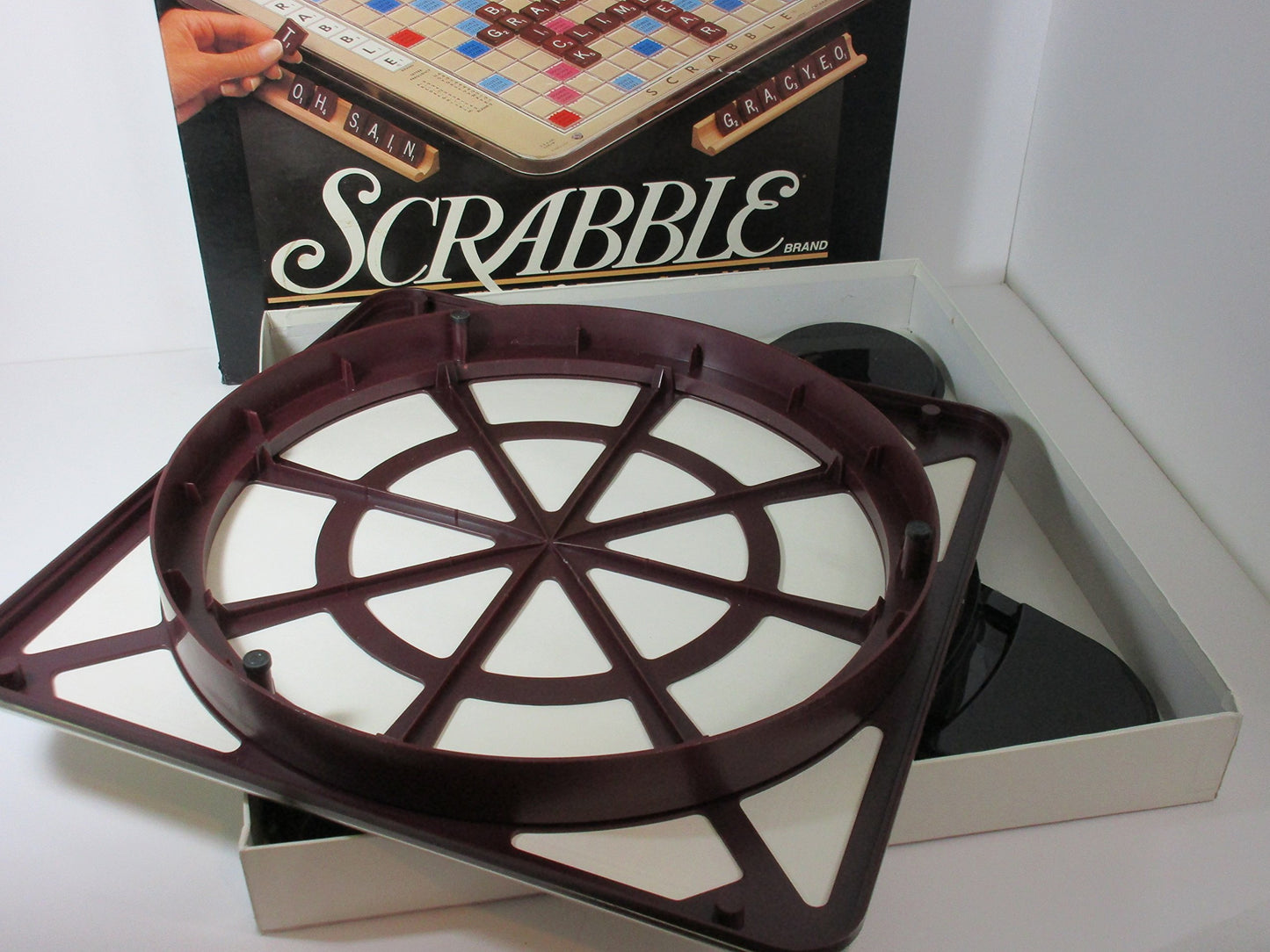 Milton Bradley Deluxe Turntable Scrabble 1989 Edition - Brown Wood - Model 4034