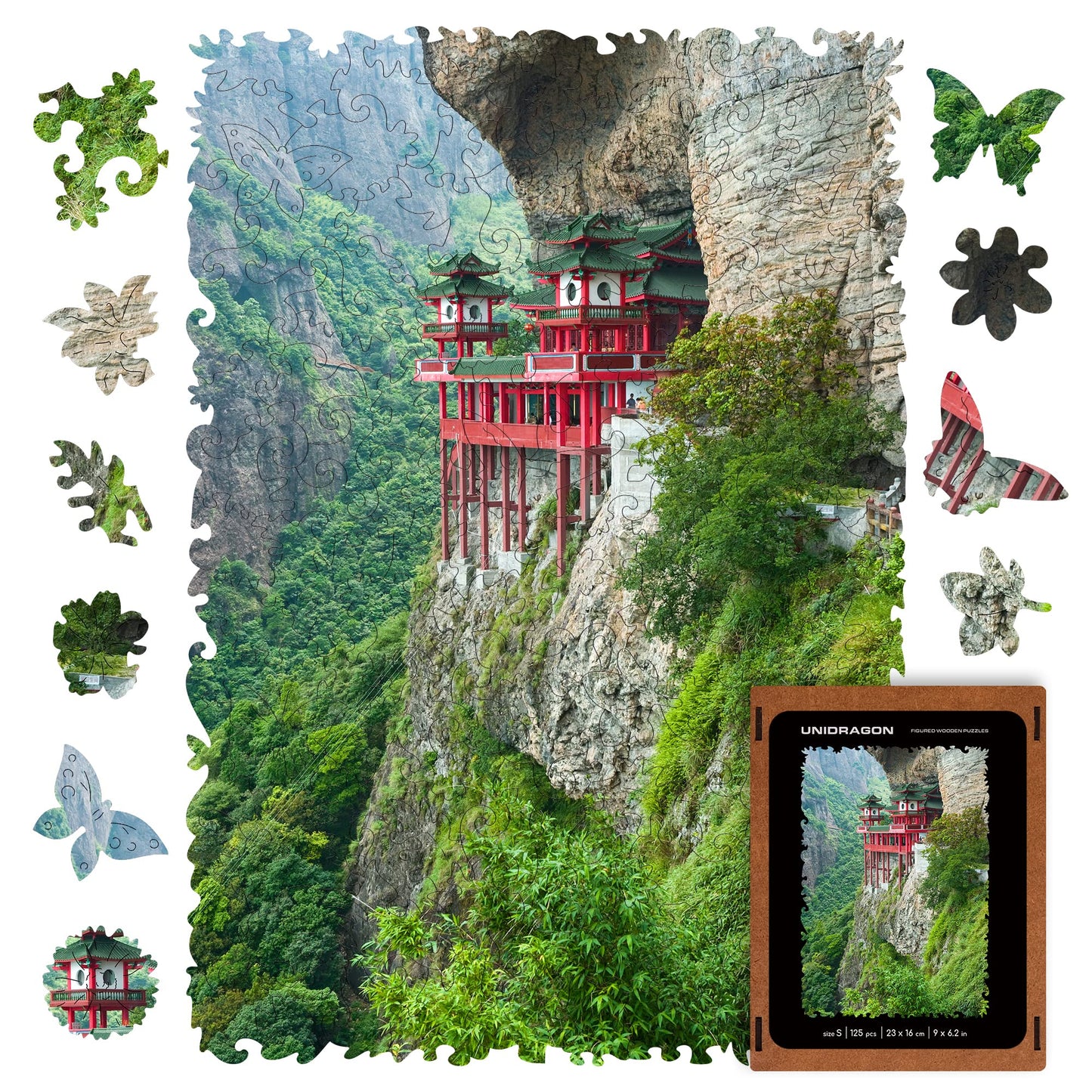 Unidragon Original Wooden Jigsaw Puzzles - Nature Soaring Temple, 125 Pcs, Small 9'X6.2', Beautiful Gift Package, Unique Shape Best Gift For Adults And Kids