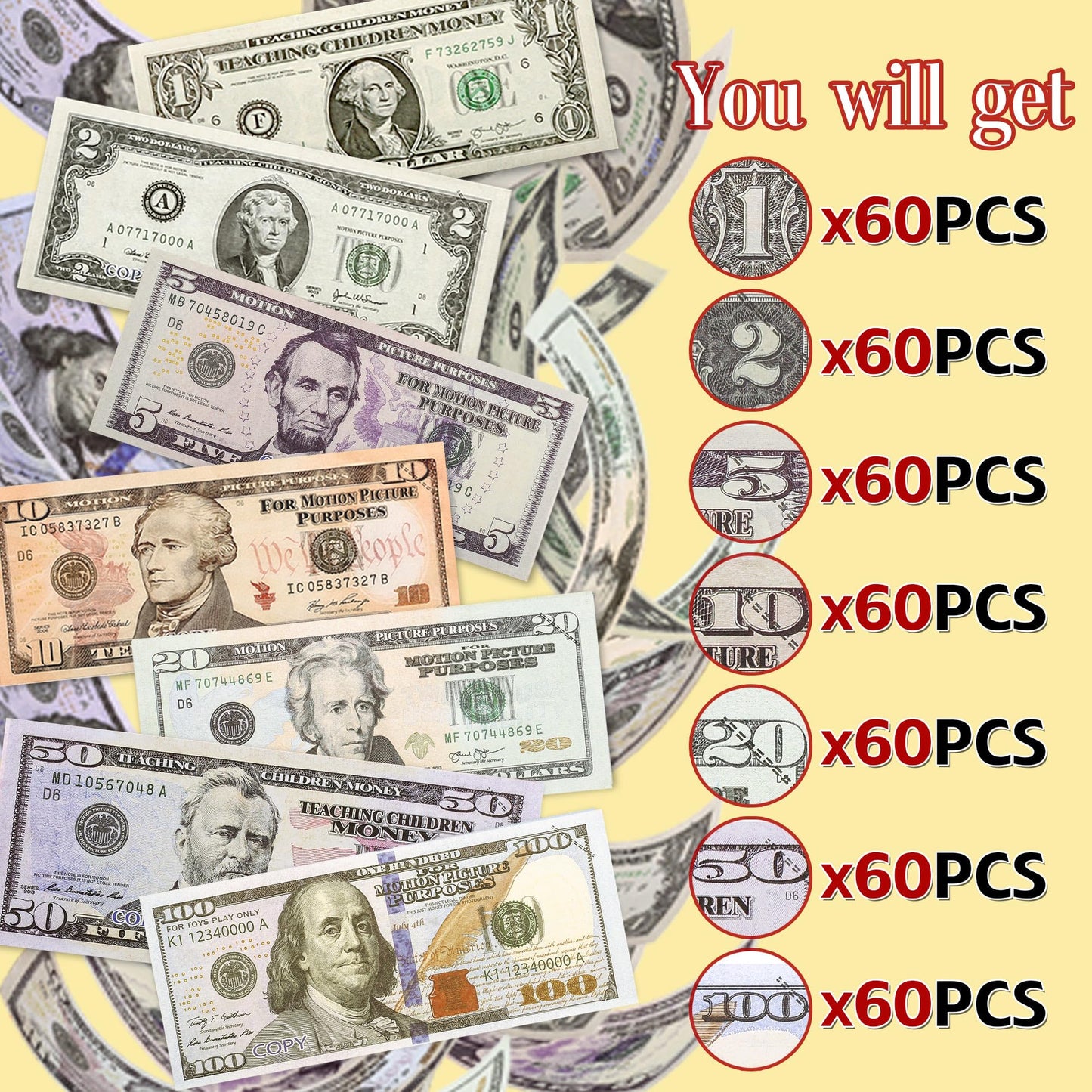 wadoaf 420 Pieces Play Money Set for Board Games – Multicolor, 7 Denominations: $100, $50, $20, $10, $5, $2, $1