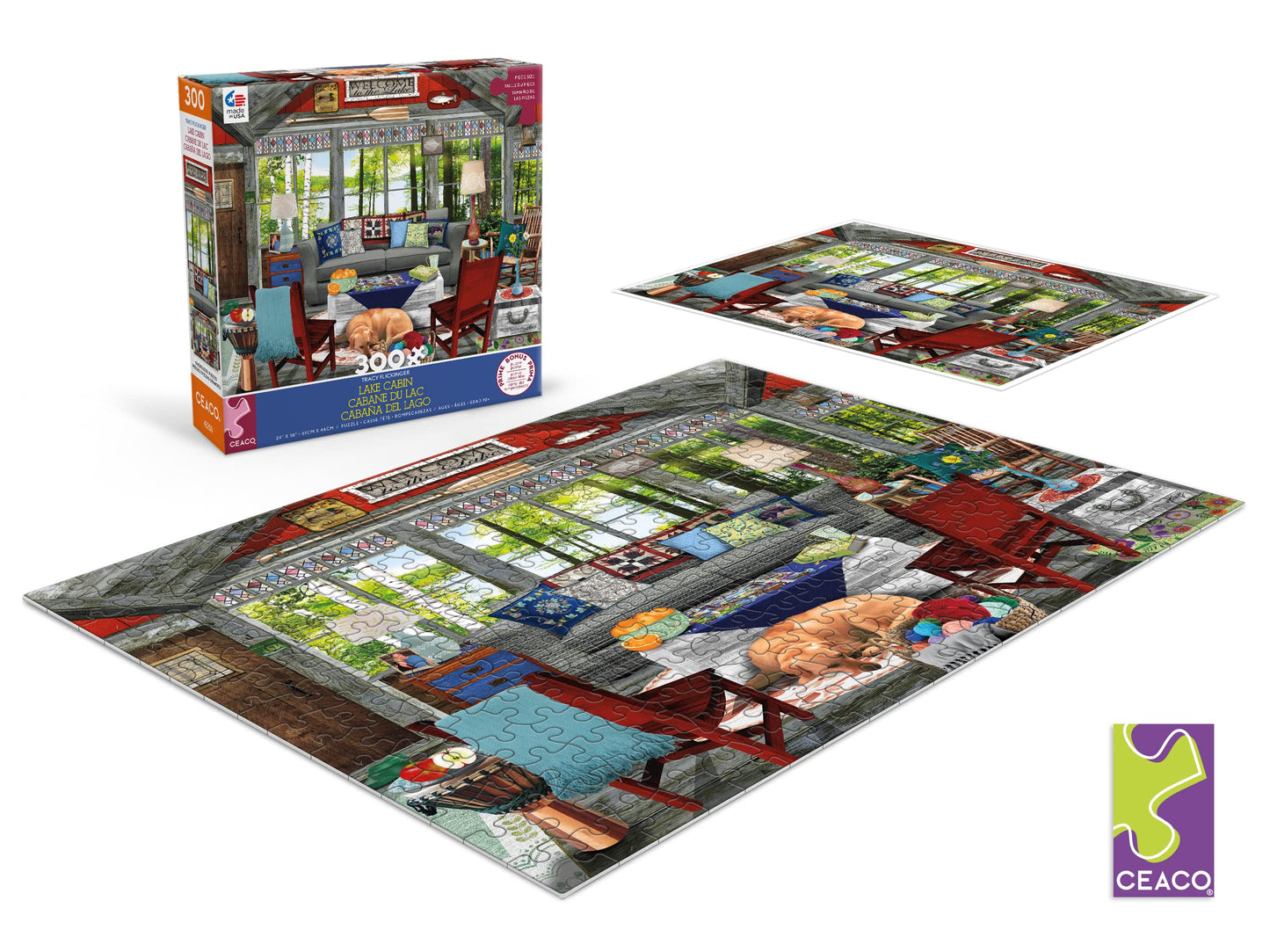 Ceaco - Tracy Flickinger - Lake Cabin - Oversized 300 Piece Jigsaw Puzzle, 24 X 18