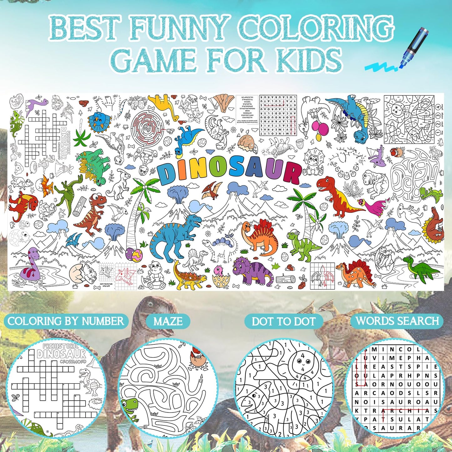 Dinosaur Giant Coloring Poster For Kids 30X72 Inch, Dinosaur Large Coloring Poster Tablecloth Books, Dinosaur Themed Color-In Ac