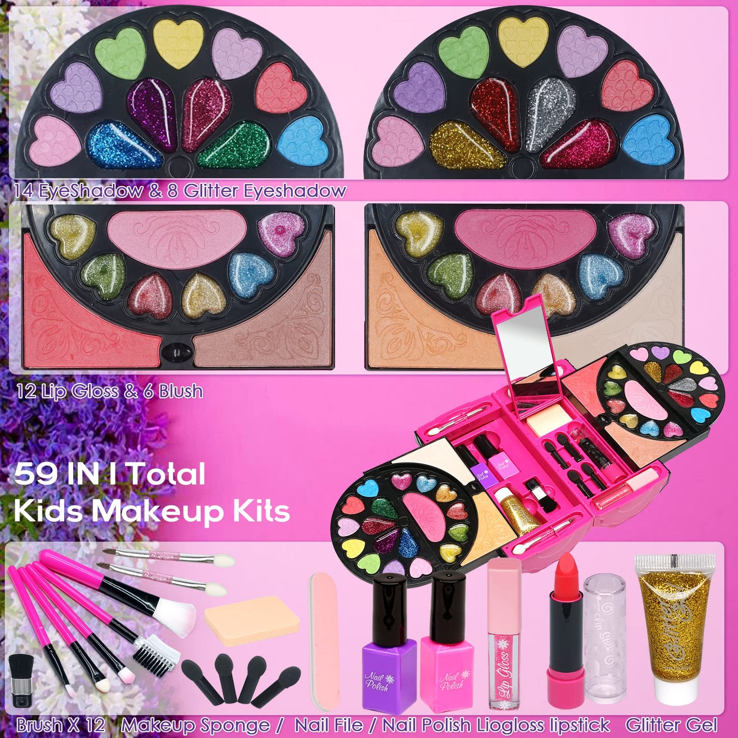 Kids Makeup Kit For Girl - 59 Pcs Real And Safe Make Up For Kids Girls, Washable Little Girls Makeup, Princess Toy Makeup Kit Fo