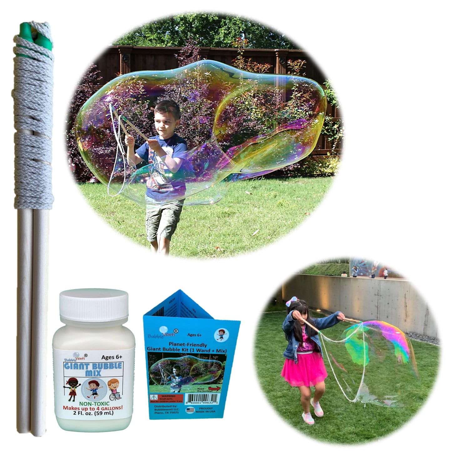 Bubbleventi Giant Bubble Kit | Made In Usa | Includes 1 Wooden Wand, A Tips And Tricks Booklet, And 1 Bubble Mix - Makes 4 Gallons Of Big Bubble Solution For Birthdays And Stem Fun