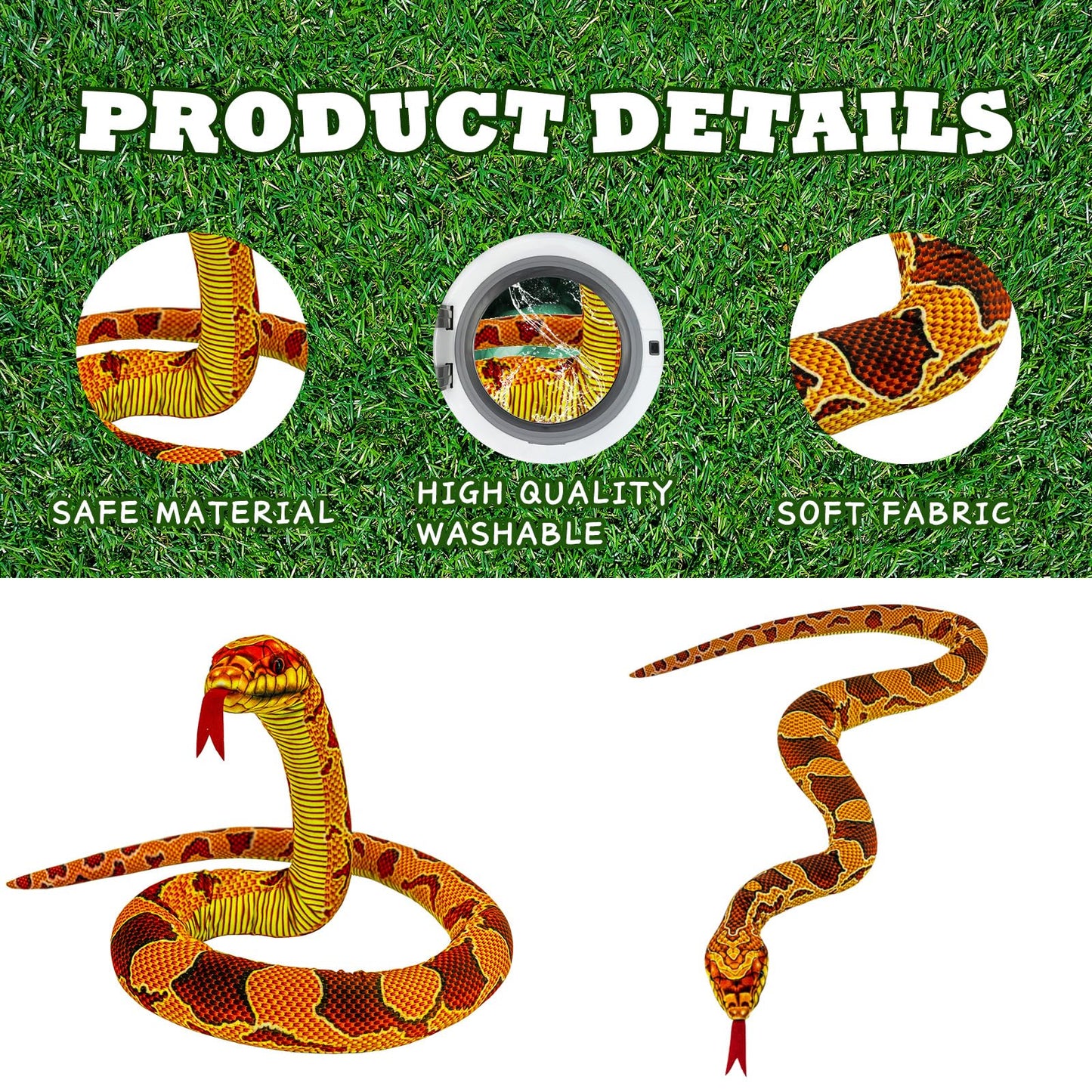 YOHAKI 59'' Snake Plush Toy - Giant Cuddle Toy, Soft Plush, Red-orange Corn Snake, Perfect Gift for Kids, Birthday Party Prop