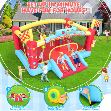 AKEYDIY Inflatable Obstacle Course Bounce House for Kids 13.12FT x 11.16FT Racing Party Bouncy House for Kids 3-12 w/Large Jumping Area Basketball Hoop & Racing Slide Target Toss Game 550W Blower