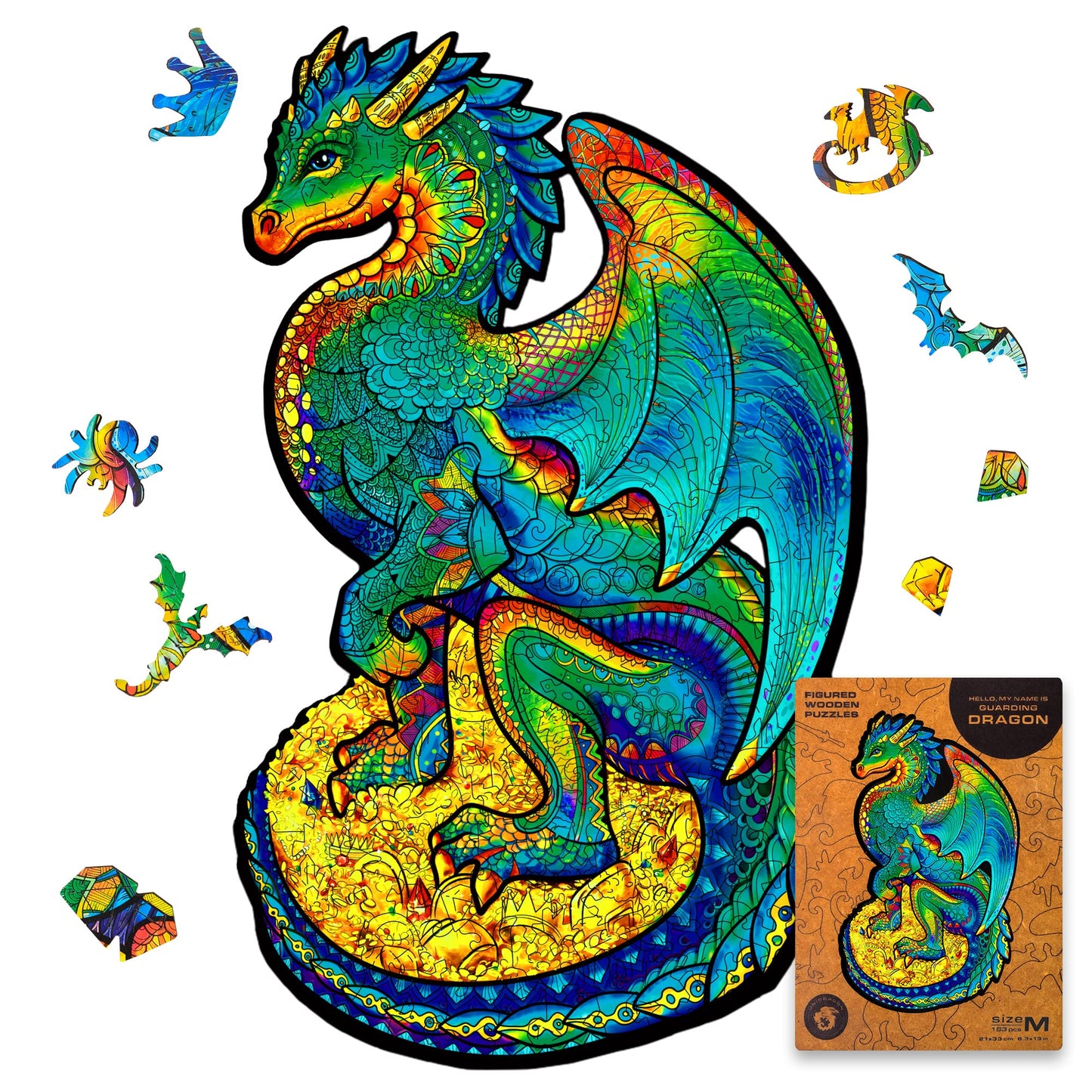 Unidragon Wooden Jigsaw Puzzles - Guarding Dragon, 183 Pcs, Medium 8.3' ?13, Beautiful Gift Package, Unique Shape Best Gift For Adults And Kids