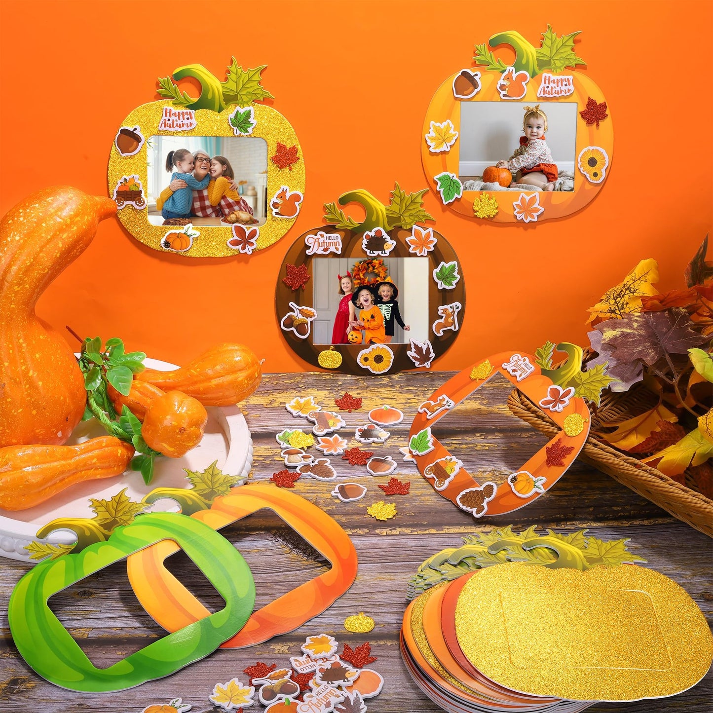 Fovths 24 Pack Fall DIY Foam Picture Frames Craft Kit Thanksgiving Autumn Pumpkin Photo Frame Ornaments with 300 Stickers for Th