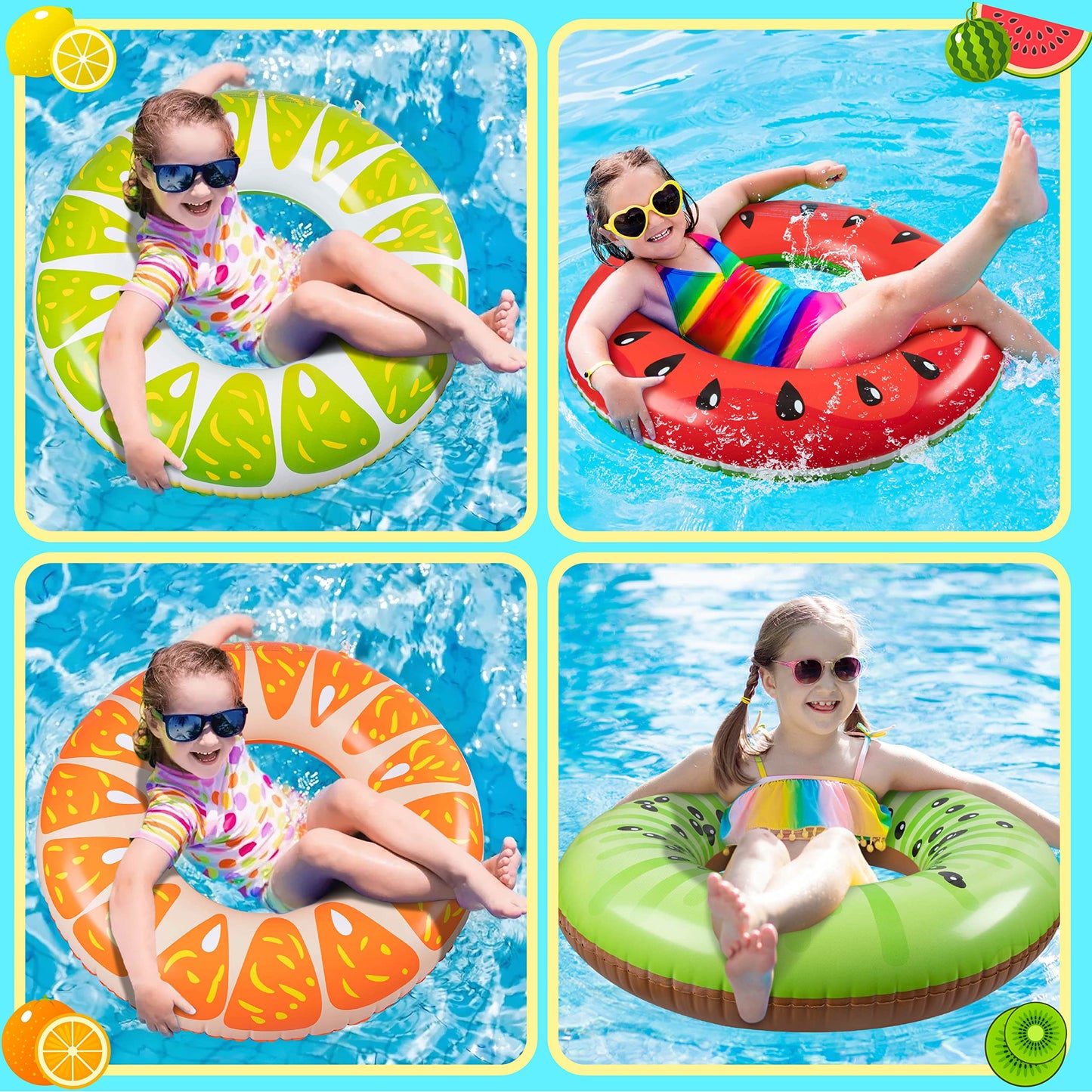 90Shine 7Pcs Fruit Pool Floats: Watermelon Kiwi Orange Lemon Swimming Rings With 13.5' Beach Balls - Inflatable Tubes Floaties Toys For Kids Adults