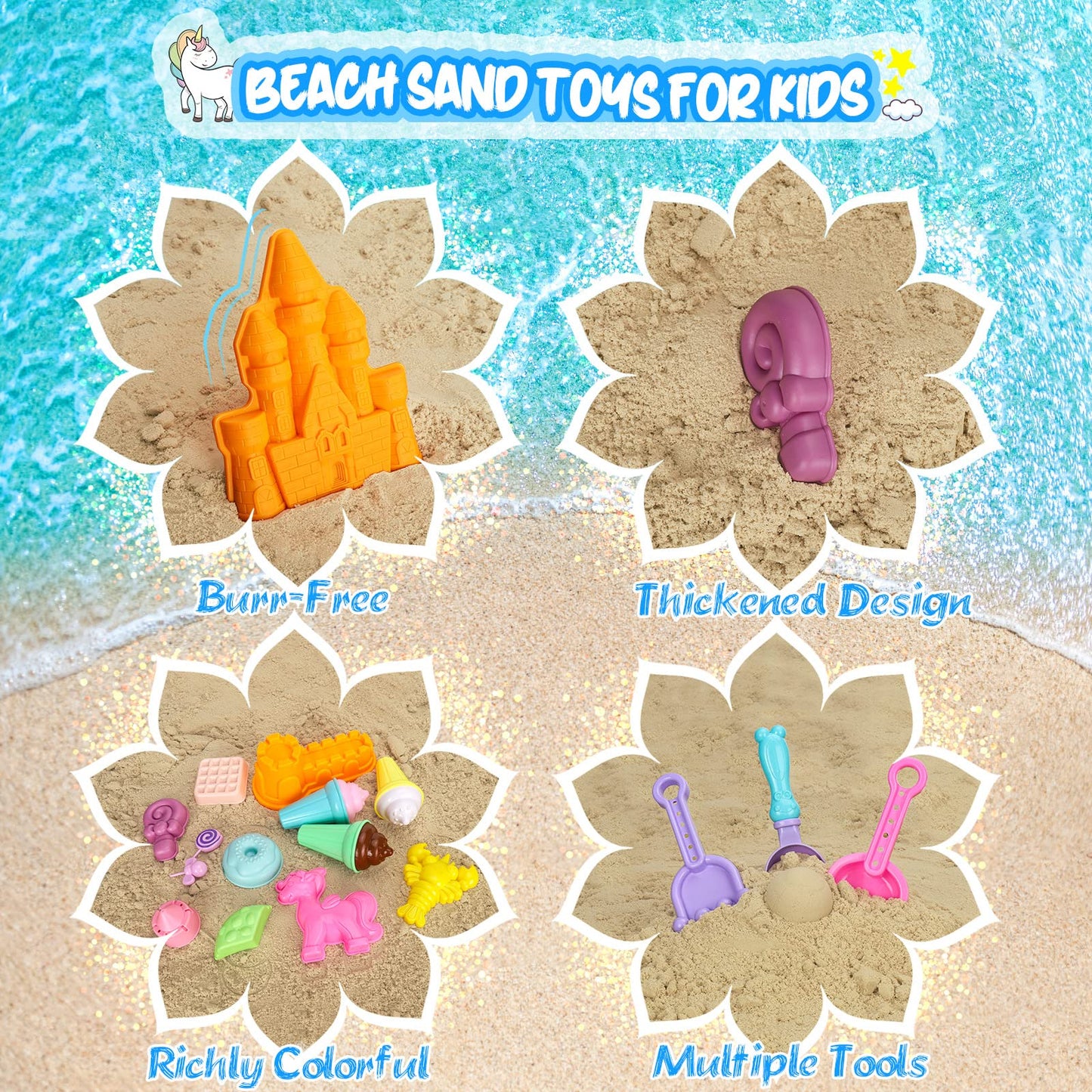 HUUIDY Beach Toys, 30Pcs Ice Cream Sand Toys, Sandbox Toys with Collapsible Sand Bucket and Sand Castle Kit, Cake, Lollipop, Sea