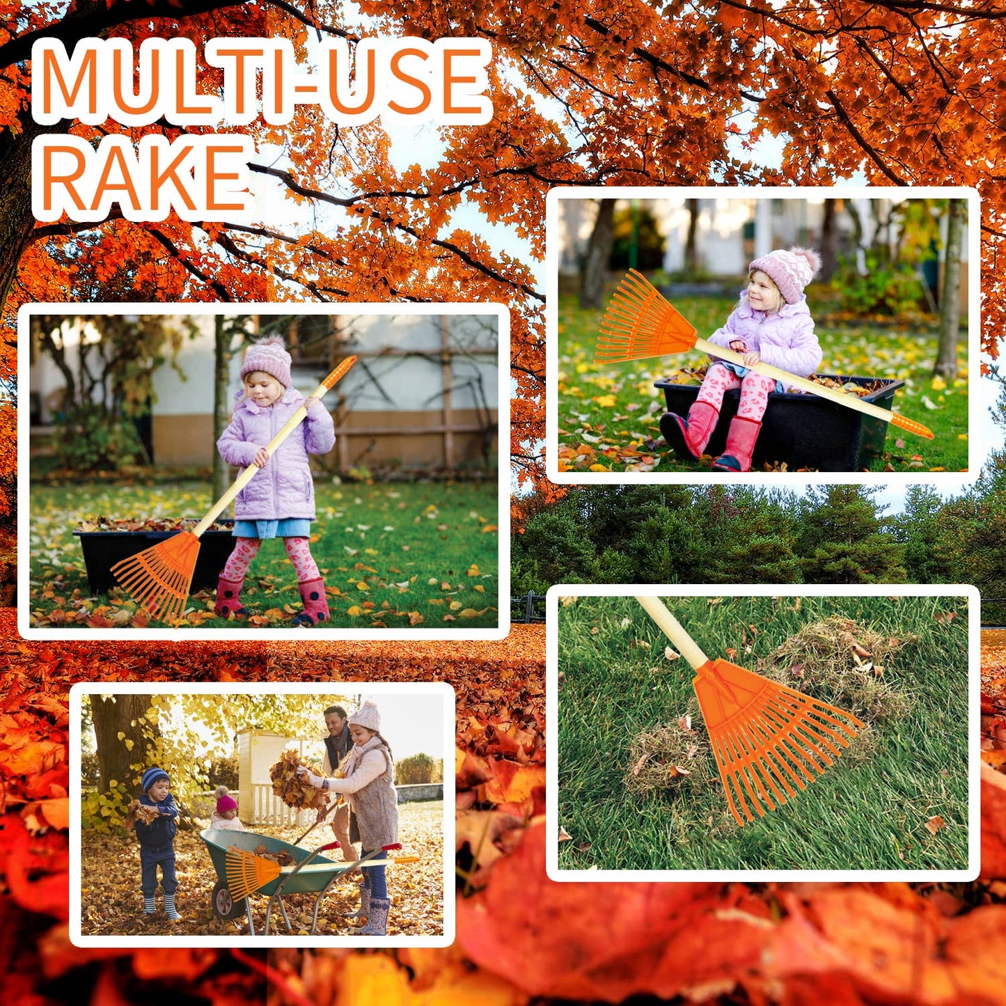 Pomiku Kids Rakes, 4 Pieces 31'' Heavy Duty Lawn Rakes For Leaves, Child Size Plastic Rakes With Wooden Handle, Gardening Tools