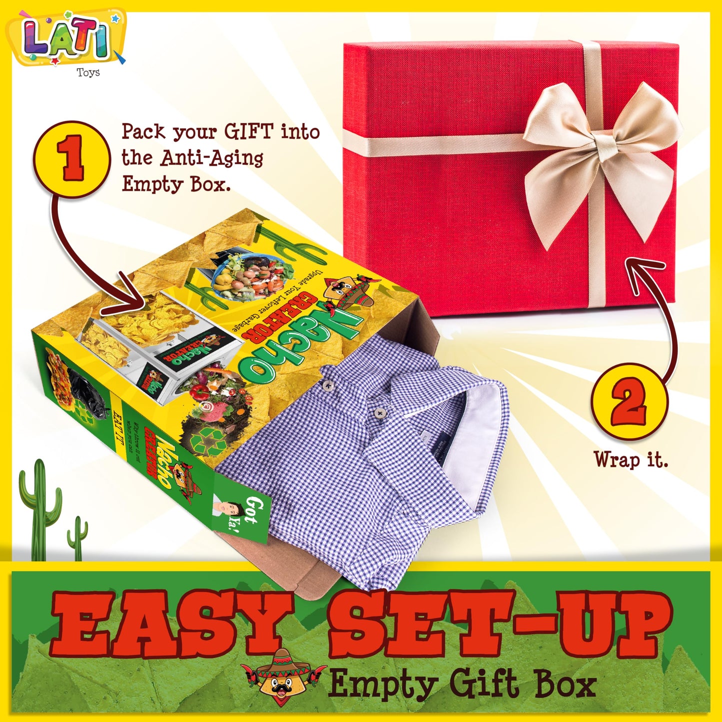 LATI TOYS Garbage to Nachos Prank Box - Wrap Your Real Gift in a Funny Gag Joke Box; Awesome Novelty for Any mature-themed or Kid! Party Silly Gift No Contents Added