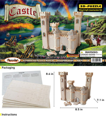 Puzzled 3D Puzzle Castle Set Wood Craft Construction Model Kit, Fun & Educational Diy Wooden Toy Assemble Model Unfinished Crafting Hobby Puzzle To Build And Paint For Decoration 182 Pieces Pack