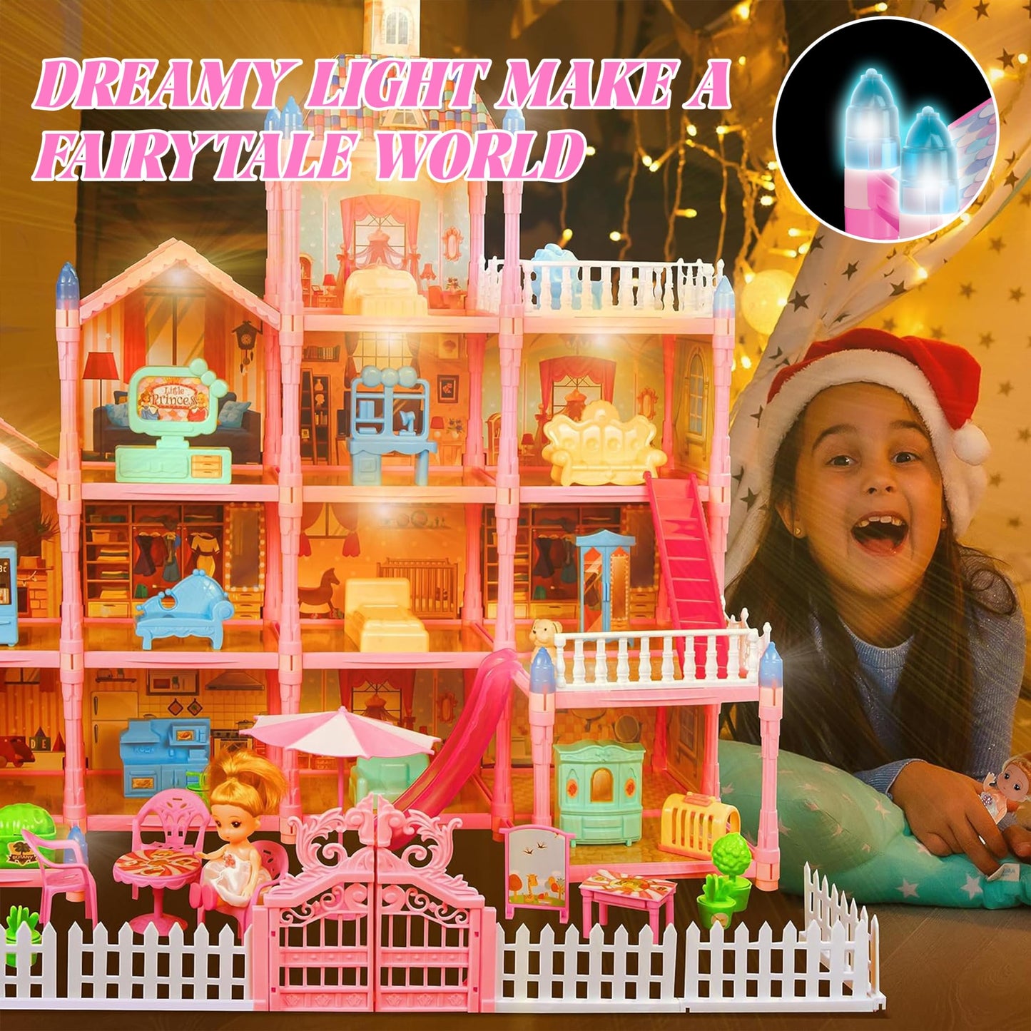 Doll House For Girls,13 Rooms Dollhouse With Dolls Figure, Puppies,Furnitures, Accessories, Led Light, Toddler Playhouse Gift For For 3 4 5 6 7 8 9 10 Year Old Girls Toys (Pink)