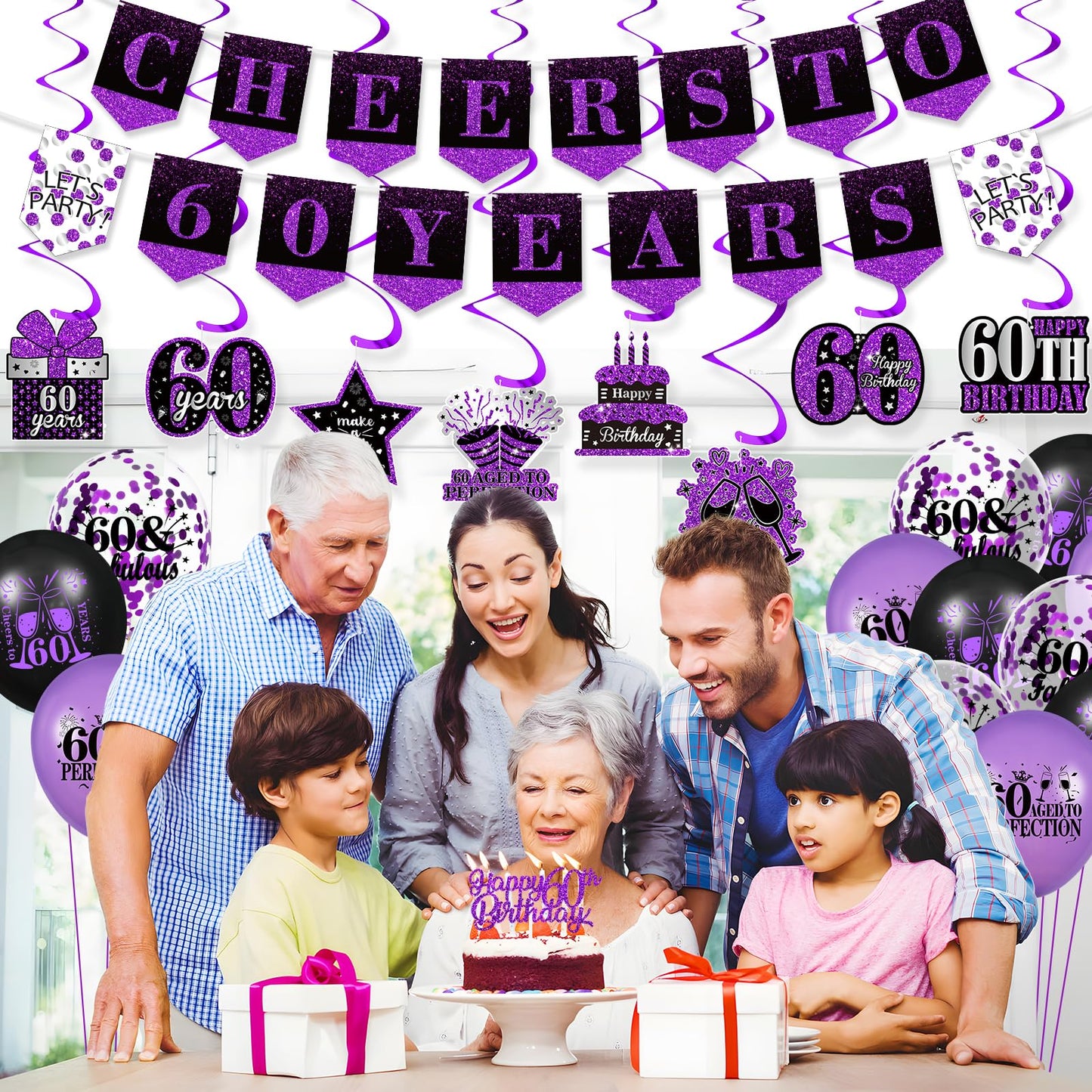 Purple 60Th Birthday Decorations For Women Men Purple Black 60Th Birthday Banner Hanging Swirls 60Th Birthday Balloons Happy 60Th Birthday Cake Topper For Purple Cheer To 60 Years Party Supplies
