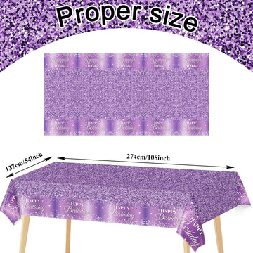 3 Pieces Purple Silver Birthday Tablecloths For Happy Birthday Party Decorations Plastic Disposable Purple Birthday Theme Table Covers For Girls Women Silver Glitter Birthday Party Supplies 54X108Inch