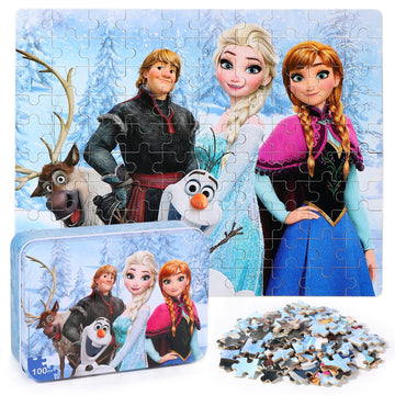 LELEMON Snowmen 100 Piece Puzzles for Kids Ages 4-8, Educational Jigsaw Puzzles in Metal Box, Fun Puzzle Games for Girls and Boys