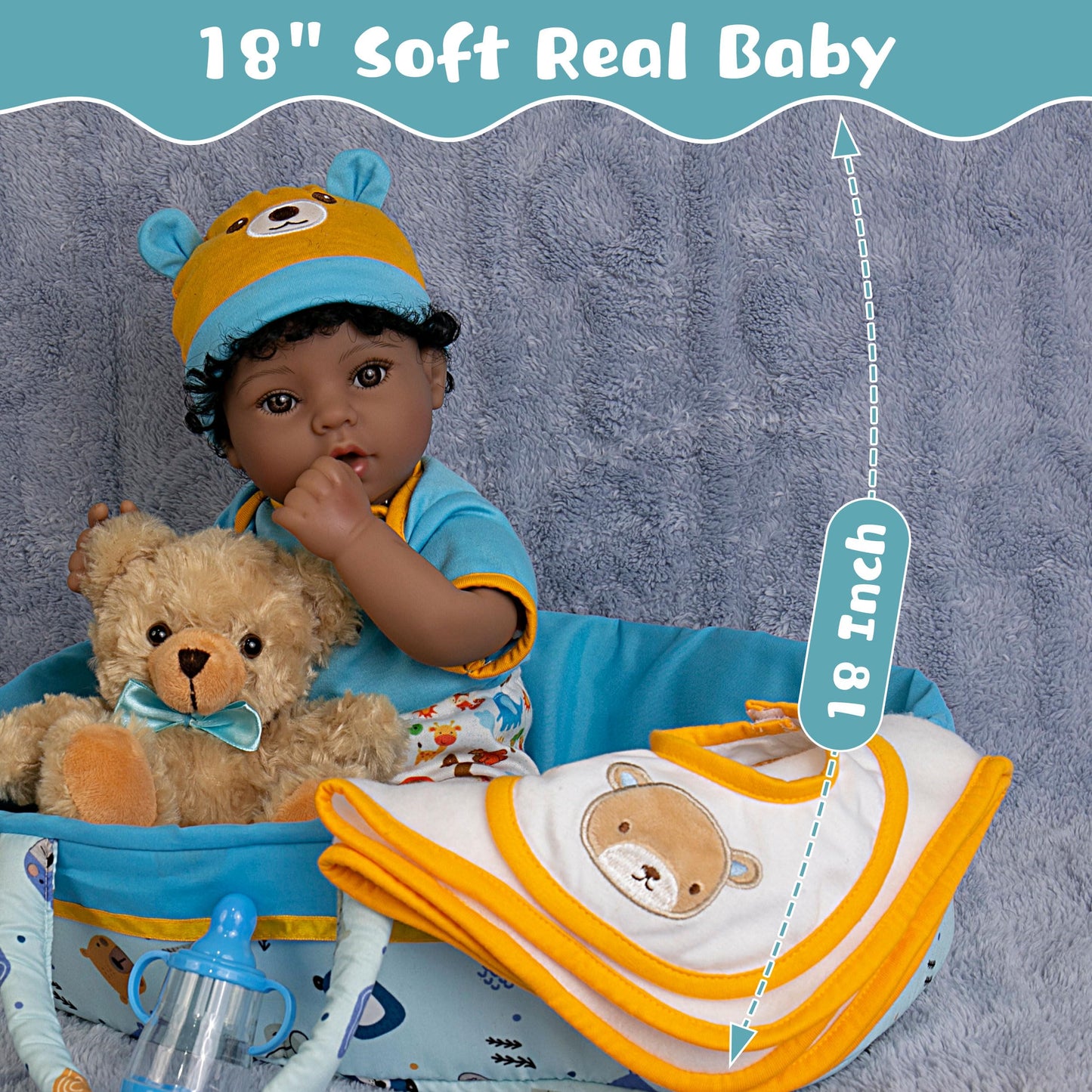 Ekokiz Lifelike Reborn Baby Doll 18-Inch American African Baby Boy Newborn Baby Doll Soft Cloth Body Real Life Baby Dolls For Ki