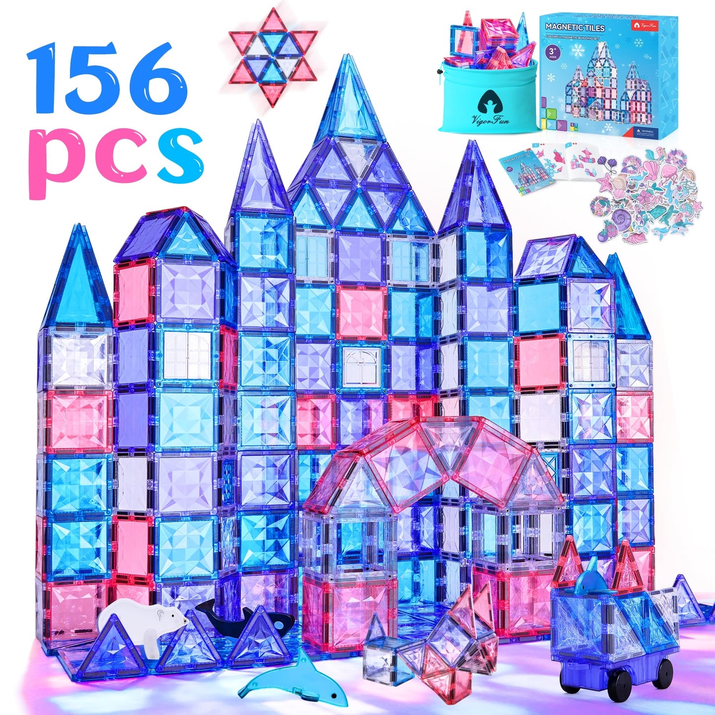 Magnetic Tiles Set, Frozen Magnet Building Blocks With Car Animal Models And Stickers, Construction Educational Stem Sensory Toy