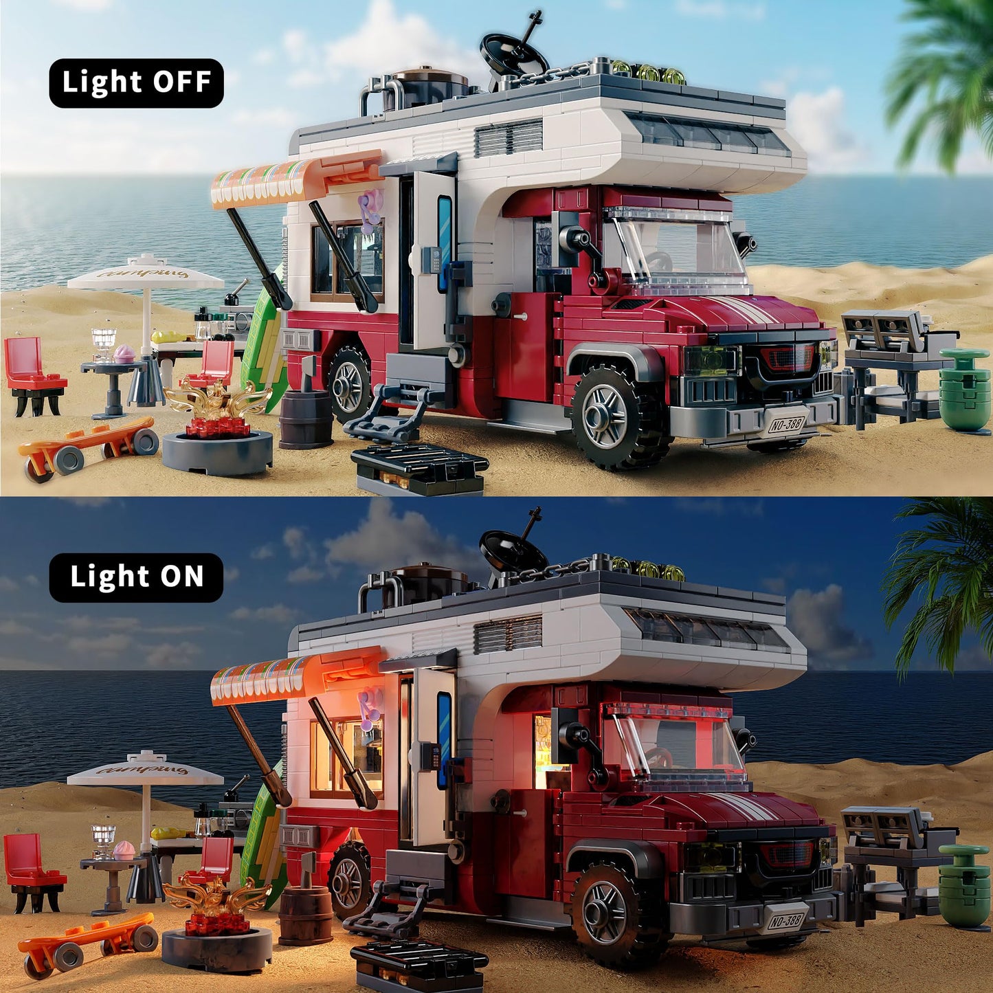 TGL TYCOLE City Camper Van Building Set - 880 pcs Plastic Toy Kit, Beach Camping Theme, RV Car Model, Red/Yellow/Black/White/Green