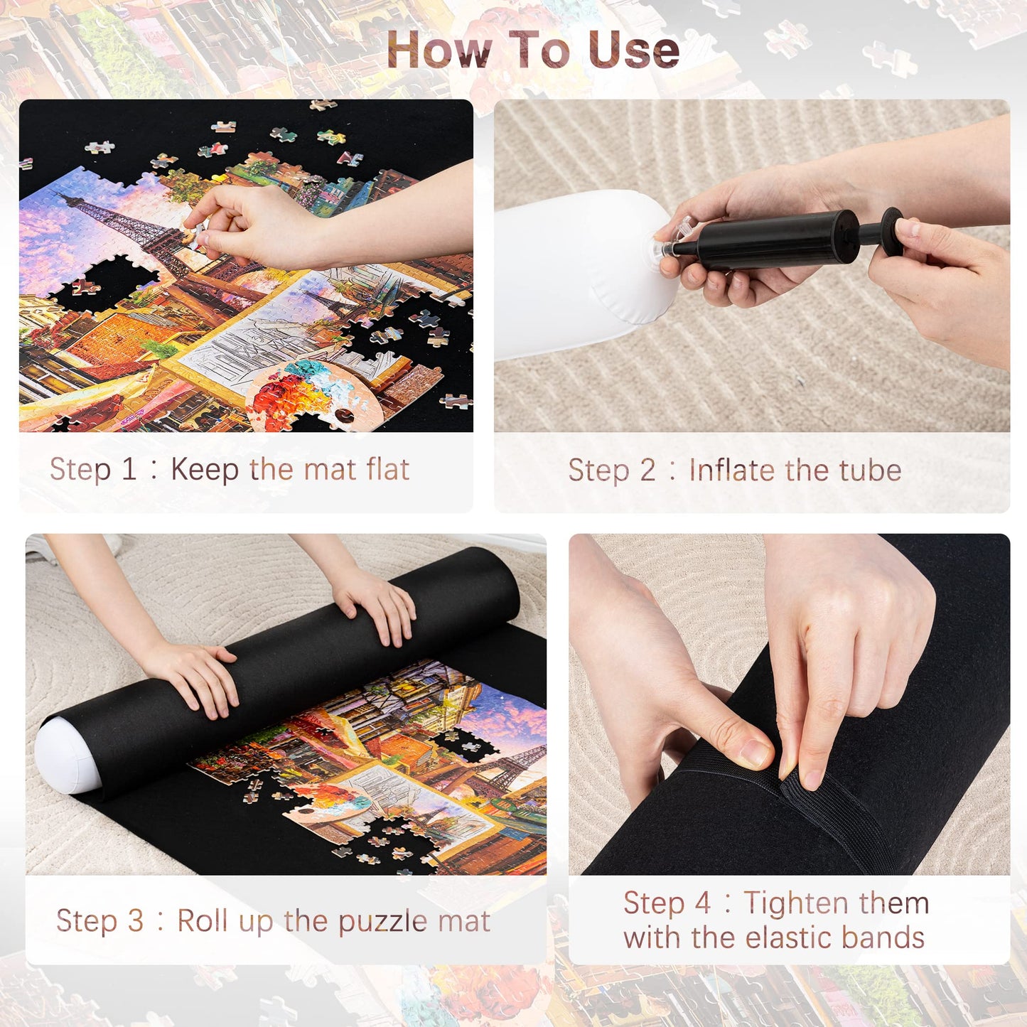Becko Us 2000 Piece Jigsaw Puzzle Mat Roll Up With Black Pump & Drawstring Storage Bag, Black Felt Mat For Easy Transport & Storage, Portable Puzzle Saver For 2000 1500 1000 500 Pieces Jigsaw Puzzles