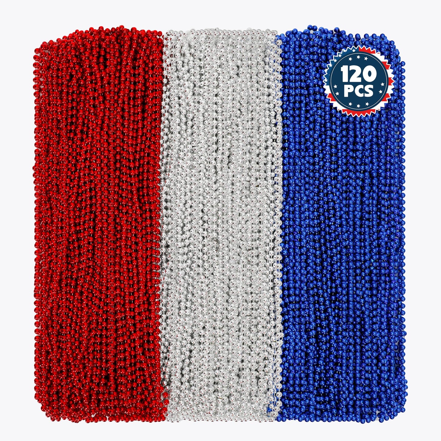 Huskein 120 Pcs 4Th Of July Necklace, 33'' Red Silver Blue Metallic Beaded Necklaces, Independence Day Party Accessories Patriot