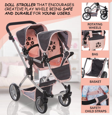 Dolls To Play Baby Doll Double Stroller, Twin Pink Pram Buggy Pretend Play For Girls, High Adjustable Handle Rotating Wheels Sto