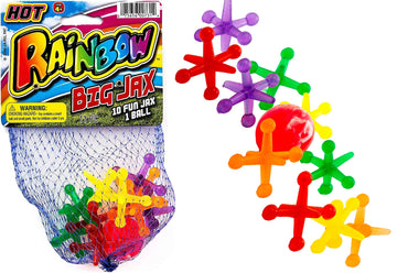 JA-RU Rainbow Big Jacks Game Set - Large Multicolor Rubber Jax & Hi Bounce Ball - Retro Party Favors, Stocking Stuffer, Classic Toy