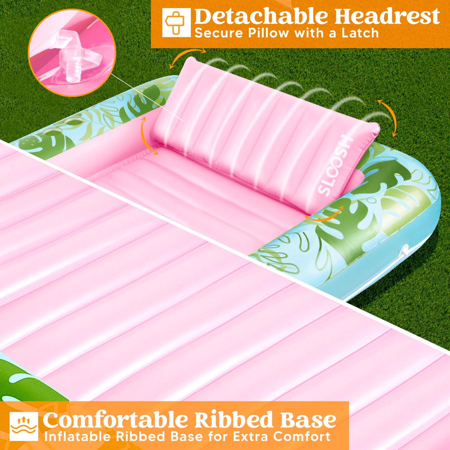Sloosh Inflatable Tanning Pool Lounger Float, 70' X 46' Pool Floats Adult With Pillow, 4 In 1 Suntan Tub Raft Floatie,Sunbathing Bed Lounge For Water Blow Up Kids Ball Pit Party Gifts, L-Cyan Pink