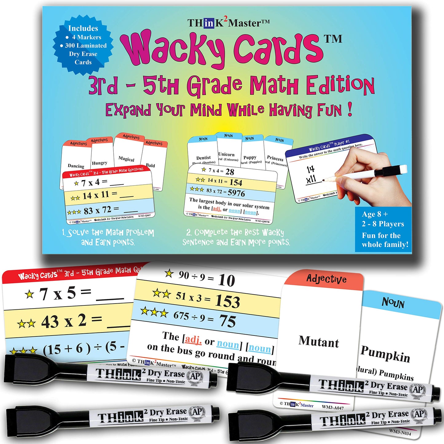 Think2Master Wacky Cards 3rd - 5th Grade. Math Card Game for Families & Classroom. Make Hilarious Sentences While Practicing Mat