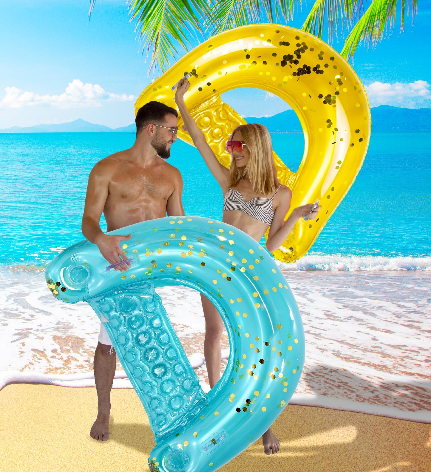 POZA Inflatable Pool Float Chair - Sparkle Confetti Lounge Inflatable Pool Floats 2 Built in Cup Holders and Handles mature-themed Inflatable Pool Lounger Floating Chair for Beach Lake Pool - 48x38 Inches