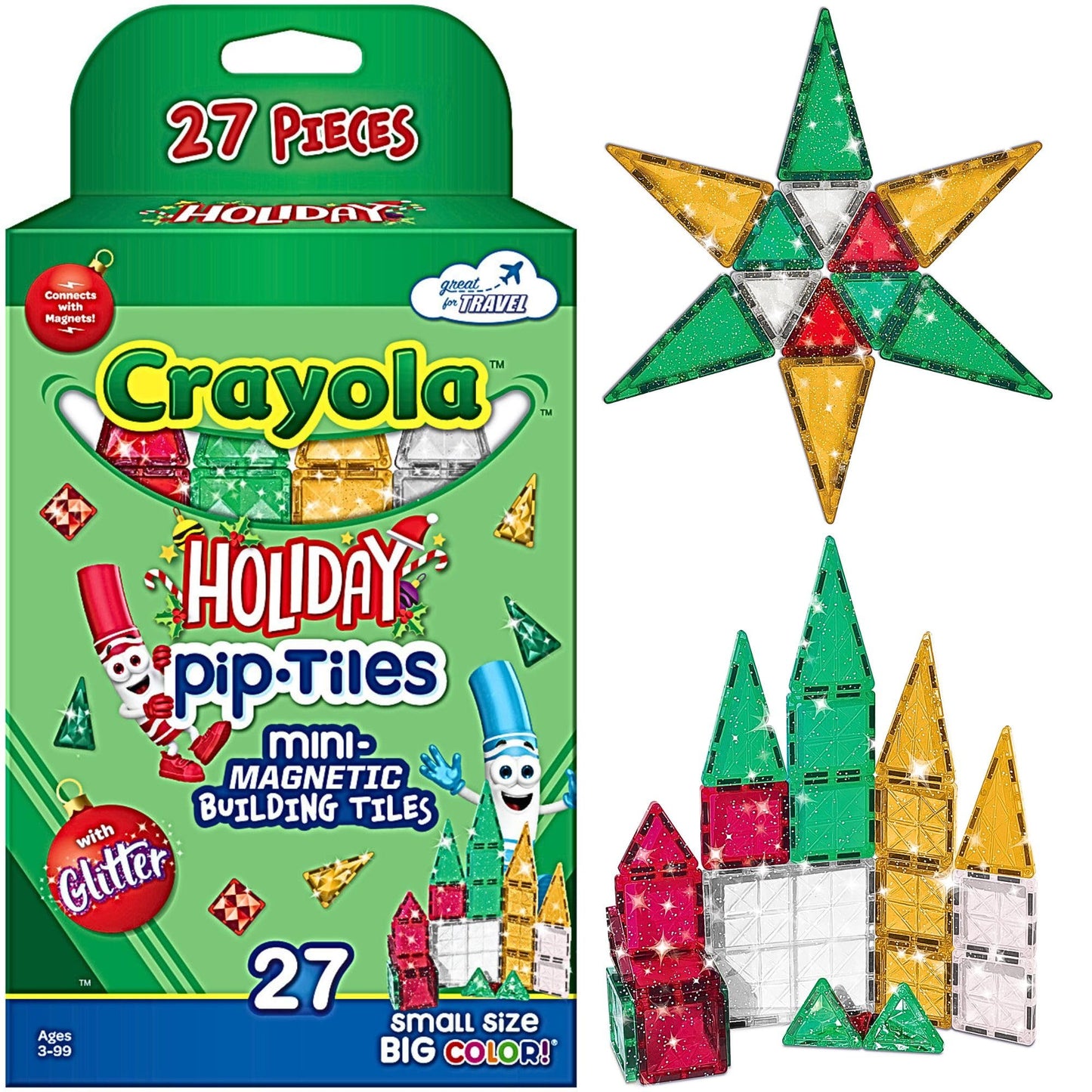 Createon Crayola Holiday Glitter Mini Pip Magnetic Tiles, Magnetic Kids’ Building Toys, Stem Learning Travel Toys For Boys And Girls, 27-Piece Set