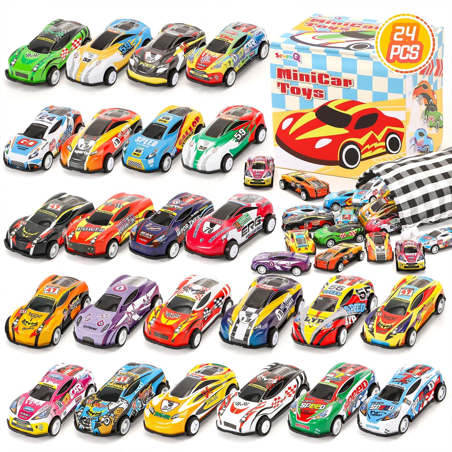 SevenQ Toy Cars for Kids, 24Pcs Race Cars Pull Back Cars Playsets with Storage Bags,Party Favors Kids Prizes Fillers Bulk Gifts