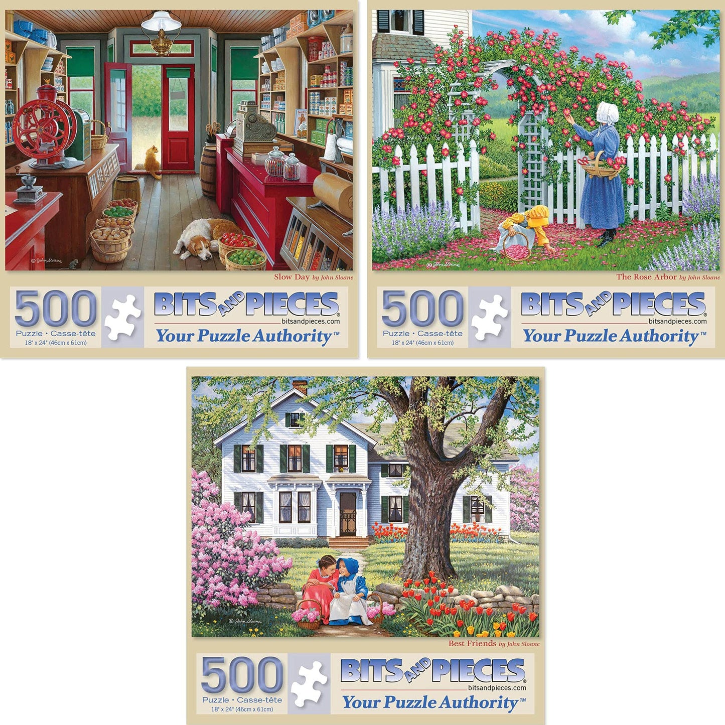 Bits And Pieces – Value Set Of Three 500 Piece Jigsaw Puzzles For Adults – Slow Day, The Rose Arbor, Best Friends Jigsaw Puzzles By Artist John Sloane, Completed Puzzle Size: 18' X 24'