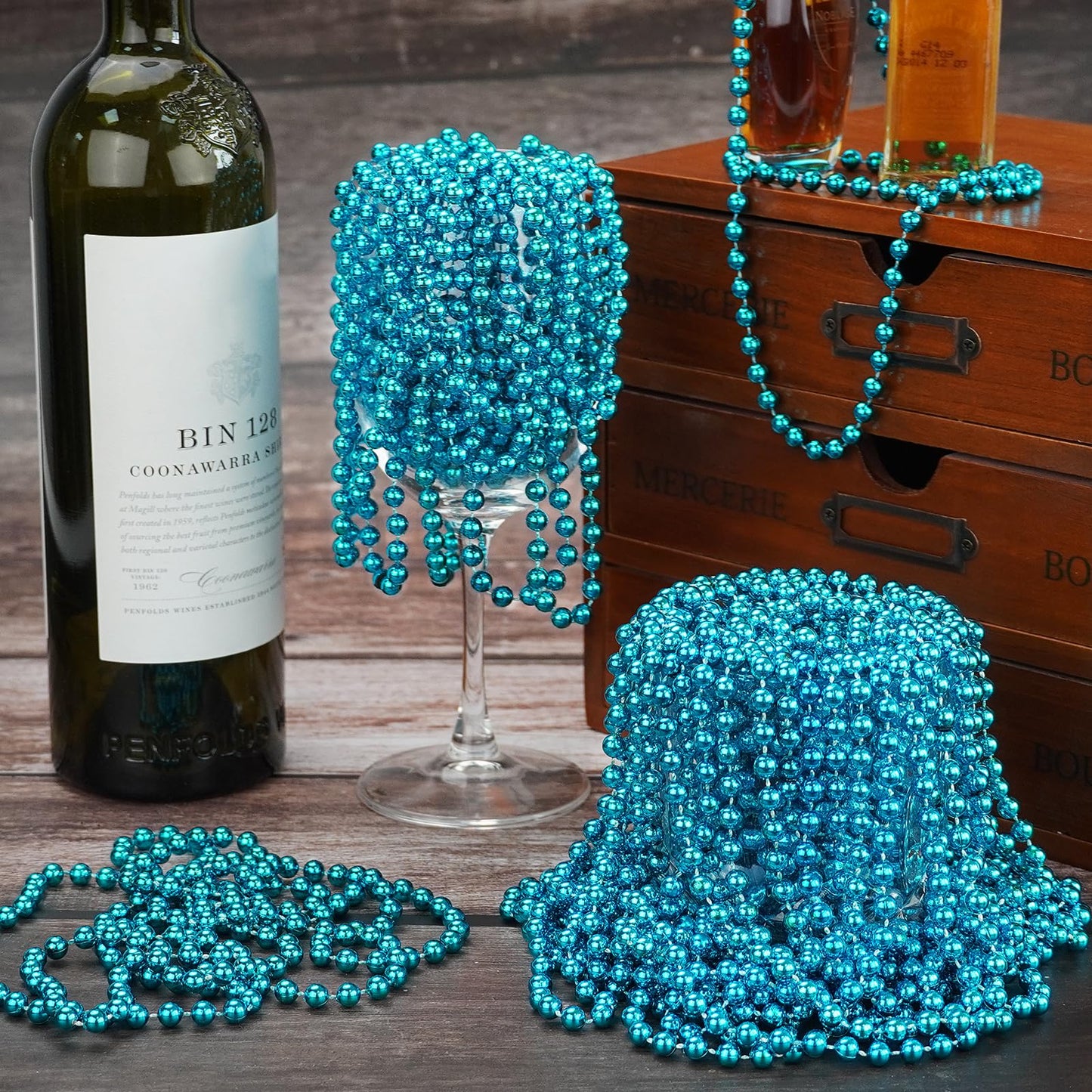 YAXINRUI 33 Inch 7 mm Metallic Teal Bead Necklaces, 15pcs Mardi Gras Beads Bulk Round Beaded Necklaces Costume Necklace for Mard